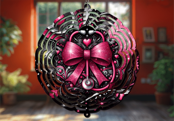 Black Pink Nurse Bow Heart Wind Spinner