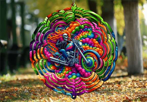 Colorful Psychedelic Biker Wind Spinner: A Bold Design Asset