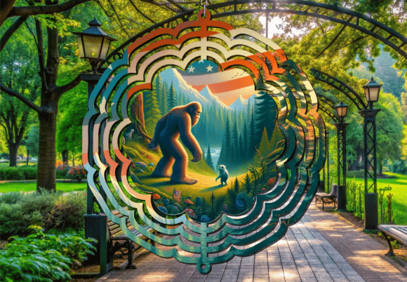Mountain Bigfoot USA Flag Wind Spinner: Bold Patriotism Meets Outdoor Art