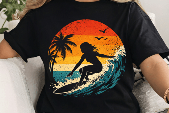 Retro Surfer Girl Sunset PNG: Capture Coastal Energy