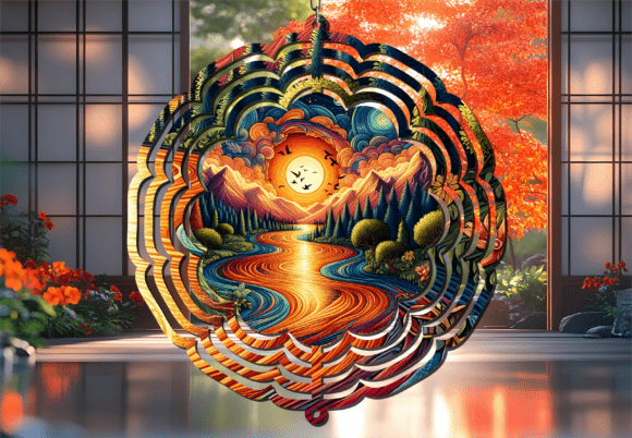 River Mountain Sunset Wind Spinner: A Dynamic Design Asset