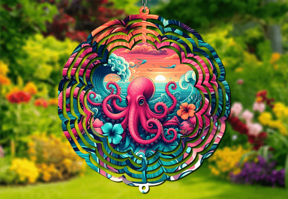 Sunset Beach Waves Octopus Wind Spinner: A Dynamic Design Asset