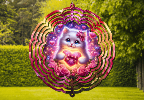 White Cat Heart Flowers Wind Spinner: A Whimsical Design for Your Garden